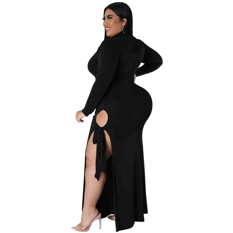 Maxy Plus Size Fall Clothing Women Long Sleeve Fashion High Slit Split Sexy Hollow Out Long Maxy Dress