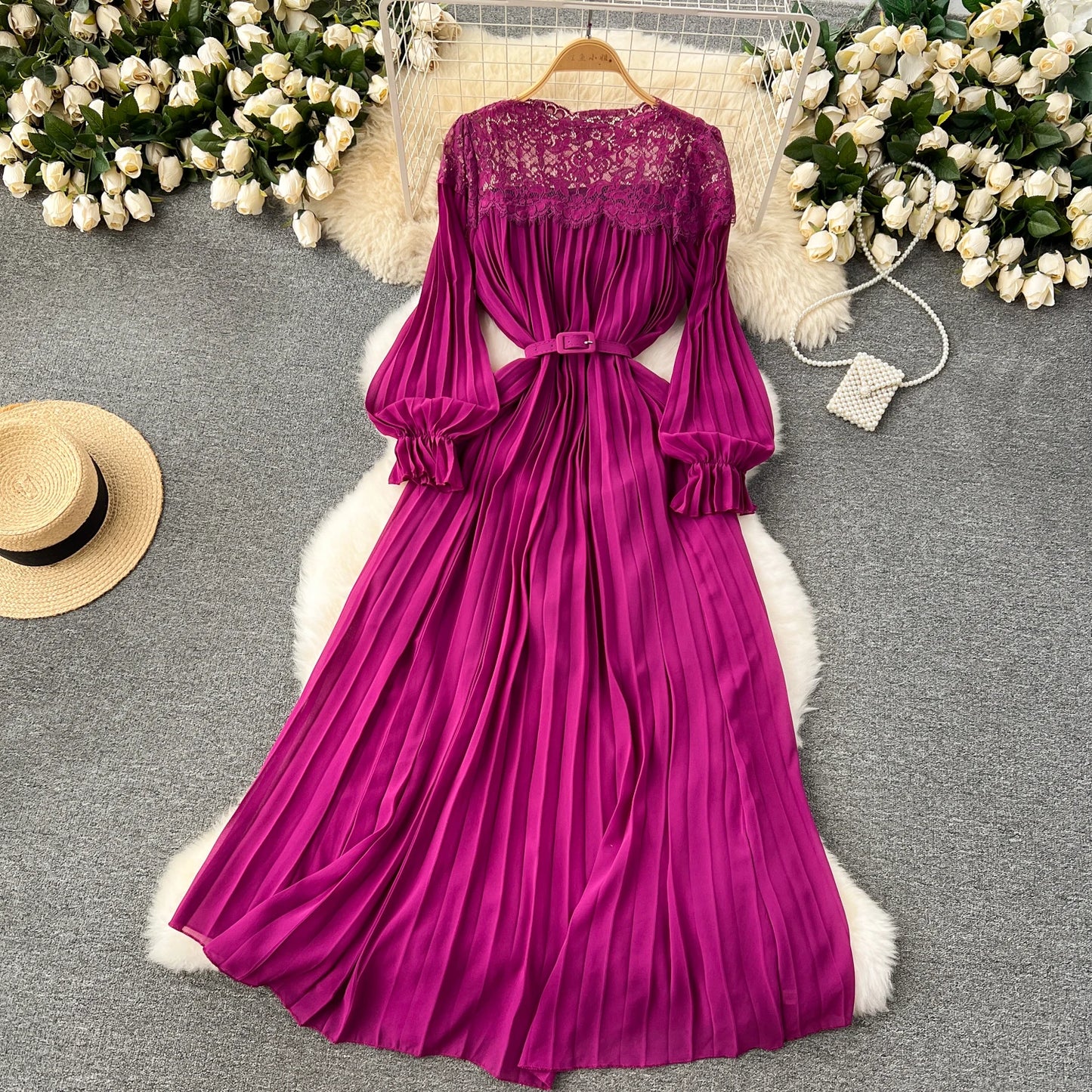 Spring Summer Women Hollow Out Lace Patchwork Pleated Long Dress Vintage Red/Blue/Purple Draped Maxi Vestidos Female Robe New