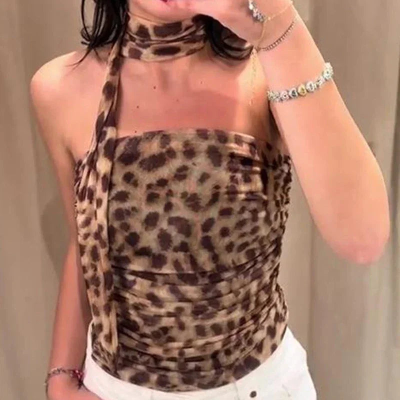 Maxy New Fashion Retro Women's Leopard Pattern Two Piece Set Korean Sleeveless Round Neck Women Top Wrapped Hip Ankle Long Dress