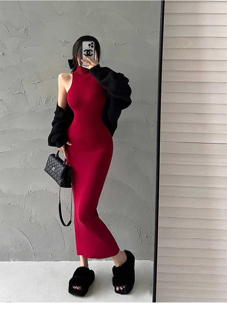 Maxy Red Fashion Sexy Turtleneck Midi Dress Women Party Club Ladies Bodycon Elastic Peach Hip Elegant Long Dresses for Woman