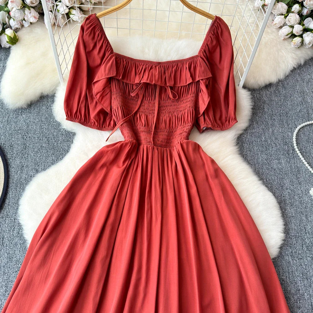 Babs Chic Elegant Square Collar Macy Dress Women Solid Short Puff Sleeve Dresses 2024 Korean Fashion Vintage Ruffle Vestidos