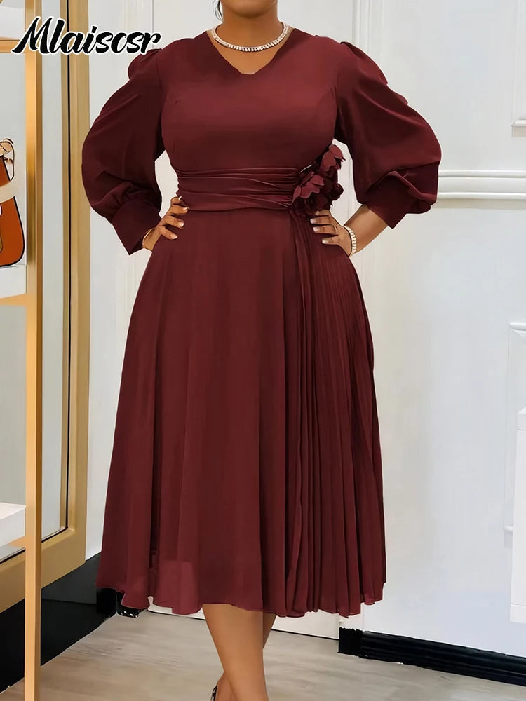 Maxy Elegant Pink A Line Loose Mid Dress for Women V Neck 3D Flower Design Puff Sleeve Office Evening Birthday dress