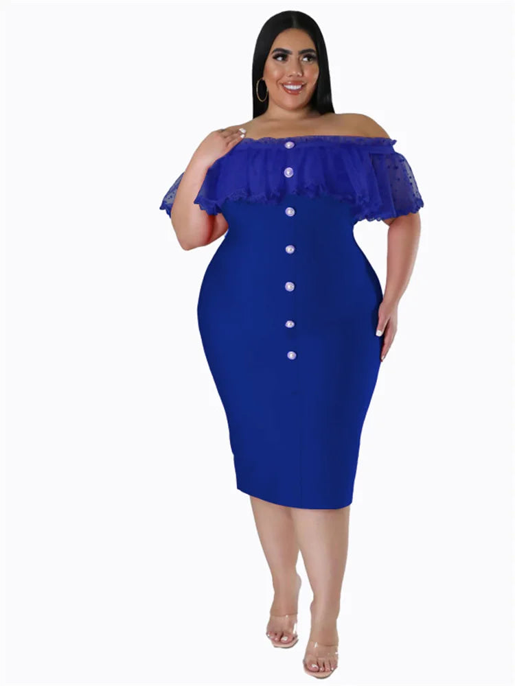 Maxy Plus Size Party Dress Women Clothing Solid Mesh Patchwork Off Shoulder Dress Fashion Outfits