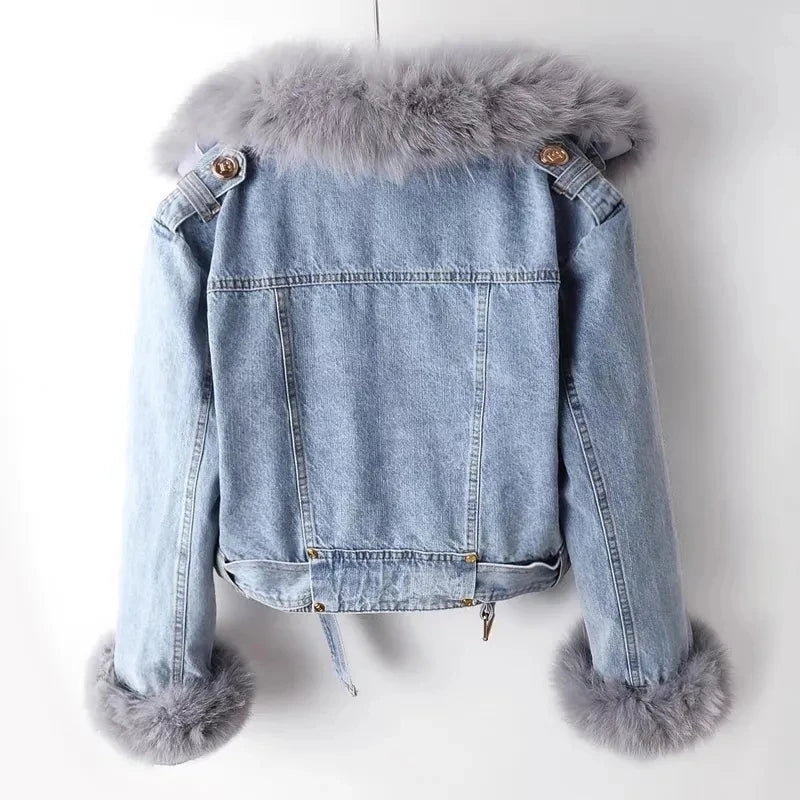 Maxy Short Thicken Denim Jacket For women Autumn Winter Detachable Imitation Fox fur Zipper Denim Coat Female Warm Parker Tops