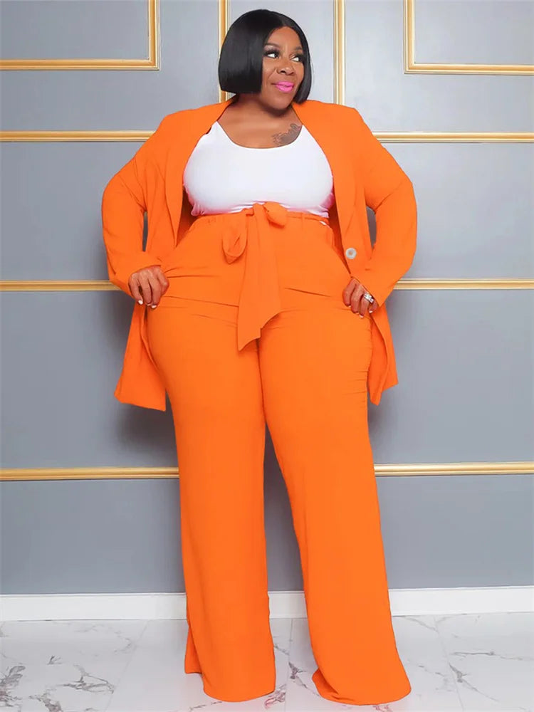 Maxy Plus Size Women Clothing Two Piece Set Solid Career Suit Top Pants Sets Office Lady with Bandage