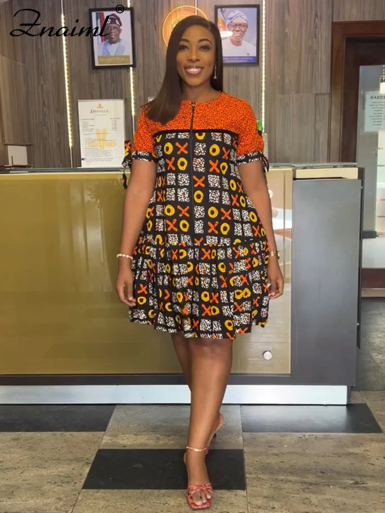Maxy Elegant Indie Folk African Orange Mid Dresses Women A-line O-Neck Short Sleeve Loose Print Dashiki Ankara Birthday Festival Robe