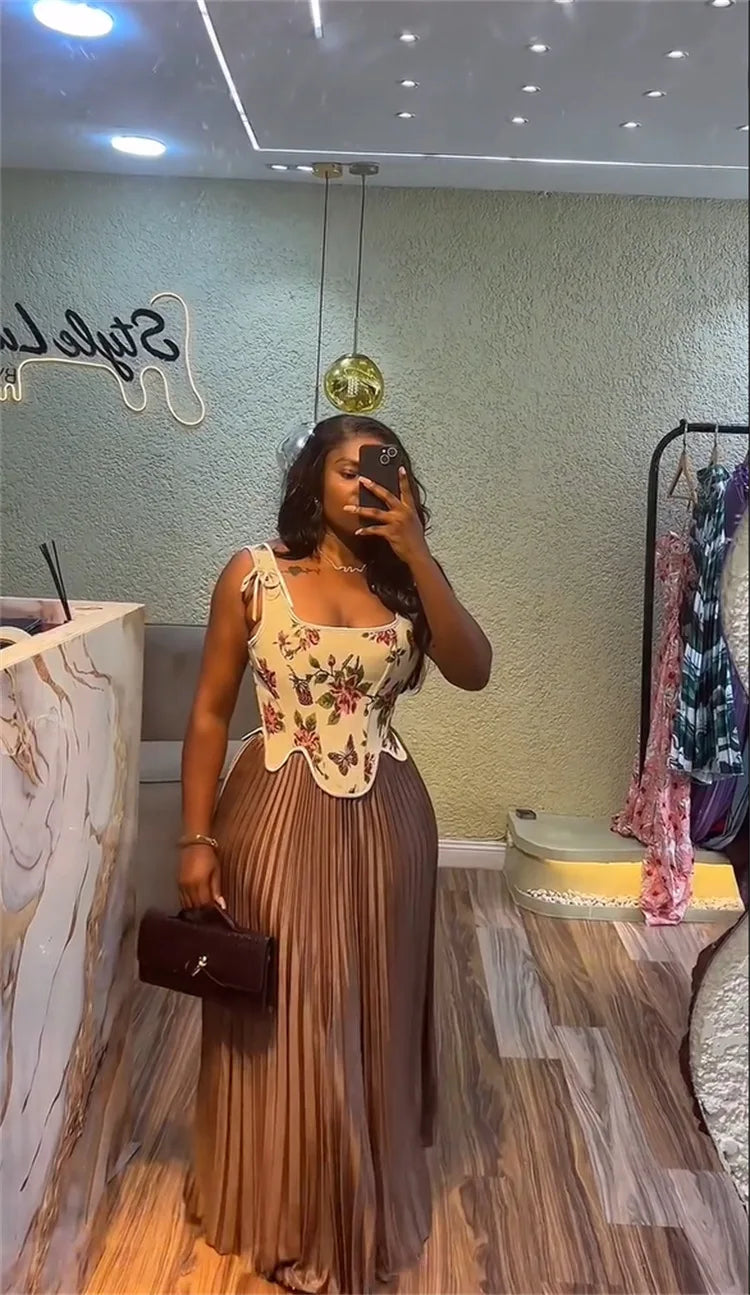 Maxy CM.YAYA Women's Set Floral Print Waist-cinching Vest +Pleated Long Skirts Suit 2025 Party Evening Street Two 2 Piece Set Outfit