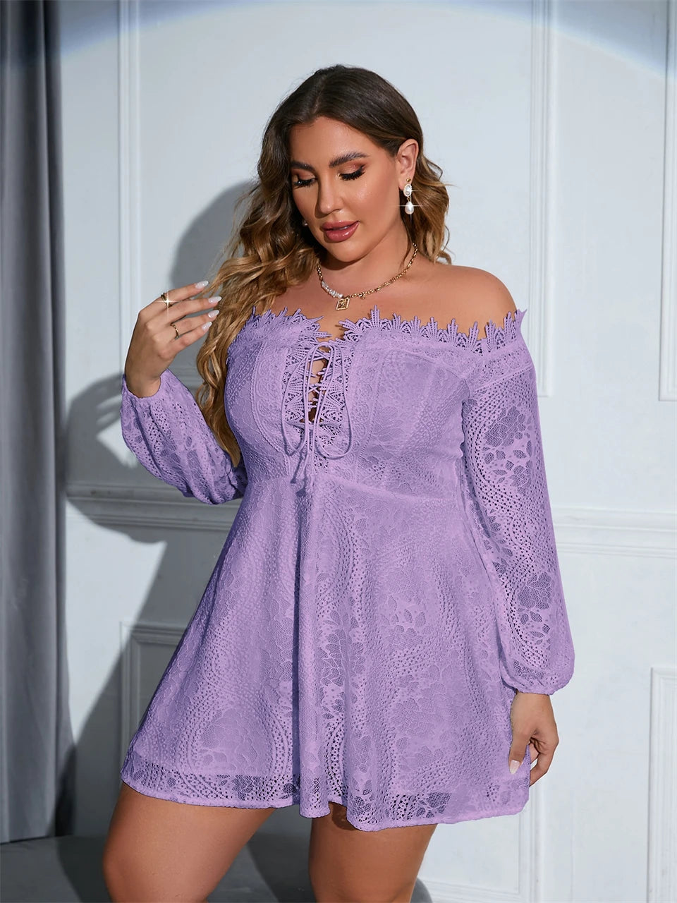 Macy Plus Size Dresses for Women Sexy Off Shoulder Lace Up A Line Mini Lace Dress Chic Elegant Woman Dress Long Sleeves 1102