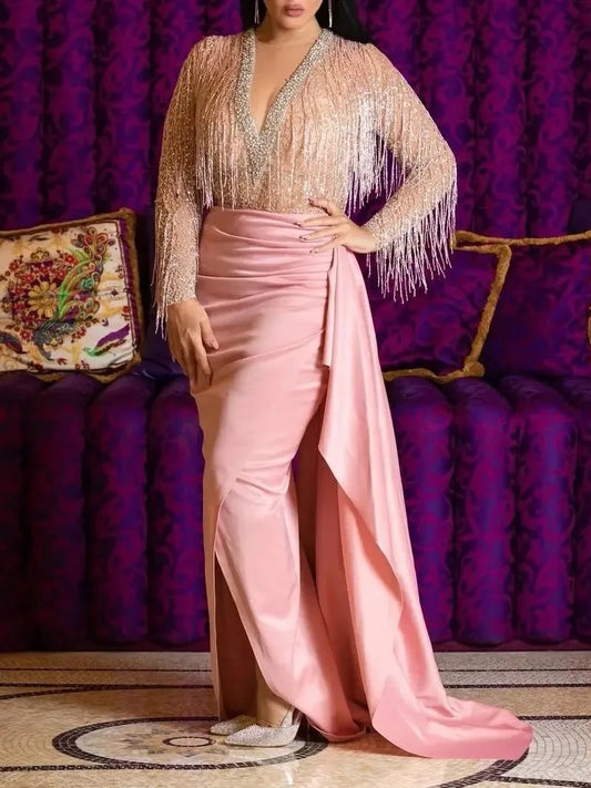 Maxy New arrival fashion sexy V-neck tassel slim fit elegant split gown long sleeved temperament casual ladies evening dress