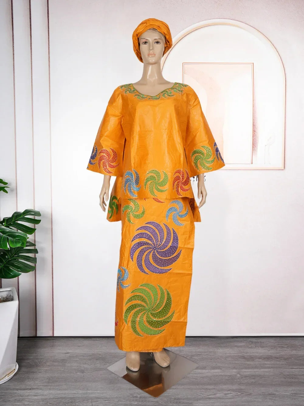 Amay With Headscarf Plus Size African Clothes for Women Dashiki Ankara Evening Gown Outfit Wedding Party Top Skirt Matching Sets