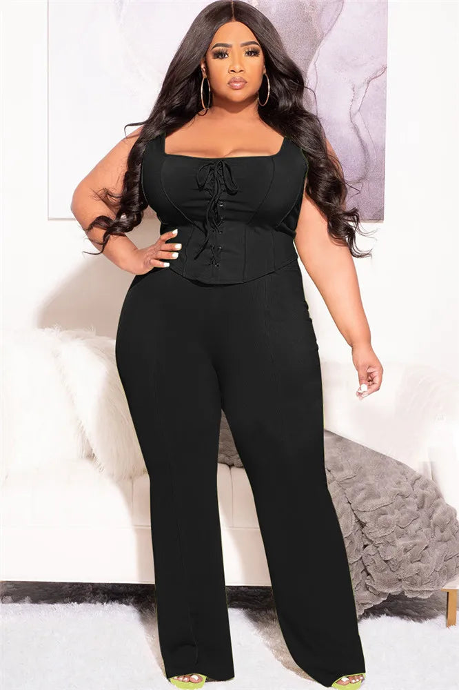 Maxy Plus Size Women Clothing 2 Piece Outfits Summer Bandage Top Flared Pants Fashion Matching Sets