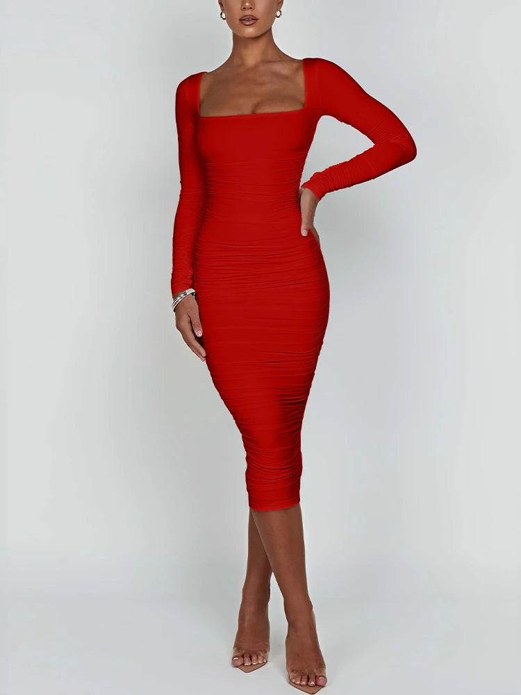 Maxy Autumn and Winter Women Sexy Bodycon Dress Square Neck Long Sleeved Ladies Evening Dresses