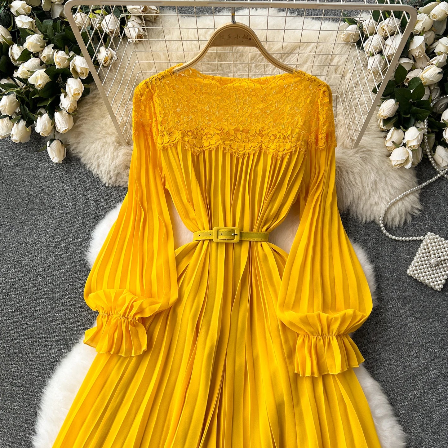 Spring Summer Women Hollow Out Lace Patchwork Pleated Long Dress Vintage Red/Blue/Purple Draped Maxi Vestidos Female Robe New