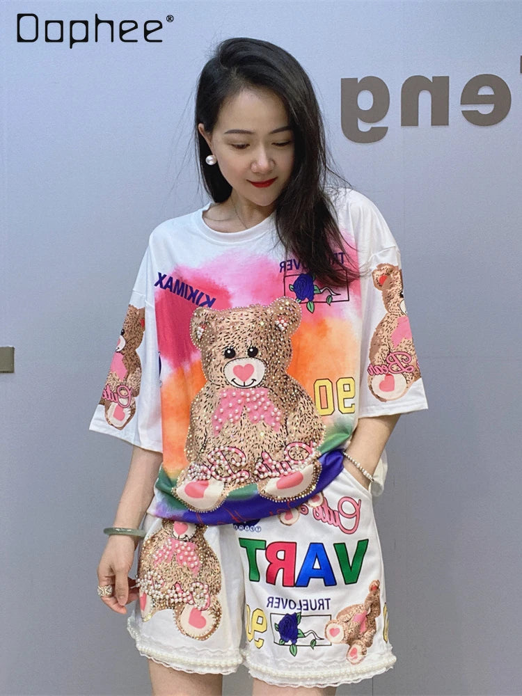 Maxy Beaded Cartoon Bear Shorts Casual Suit Women 2024 Summer Loose Printed Rhinestone Hot Fixed Short Sleeve T-shirt Two-Piece Sets