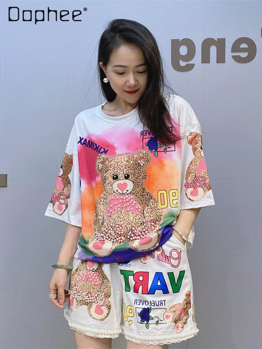 Maxy Beaded Cartoon Bear Shorts Casual Suit Women 2024 Summer Loose Printed Rhinestone Hot Fixed Short Sleeve T-shirt Two-Piece Sets