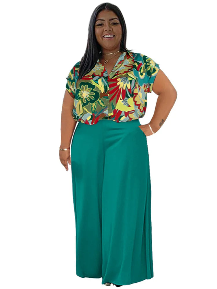 Maxy Plus Size Two Piece Sets Women Clothing Printed T-shirts Tops and Solid Pants Wide Leg Pockets