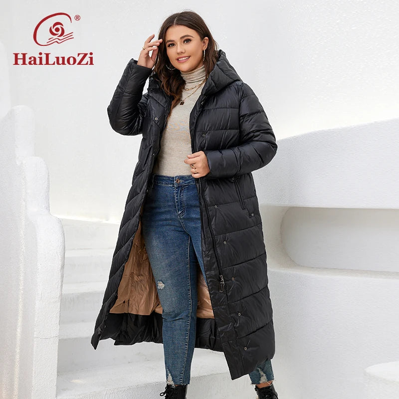 Macy New Winter Women's Jackets Plus Size Mid-length Thick Hood Warm Zipper Belt Classic Casual Women Coat Parkas