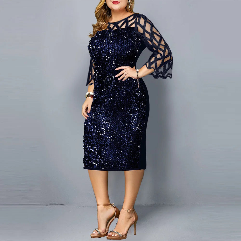 Maxy Women Sequins Lace Evening Party Dress 3/4 Sleeves Plus Size Mid-Calf Elegant Cocktail Formal dress