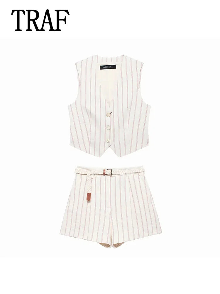 TRAF Women Shorts 2 Pieces Sets 2024 New Fashion Stripe Vest Coat Women Suit Summer Casual Shorts Two Piece Set Women Outfit