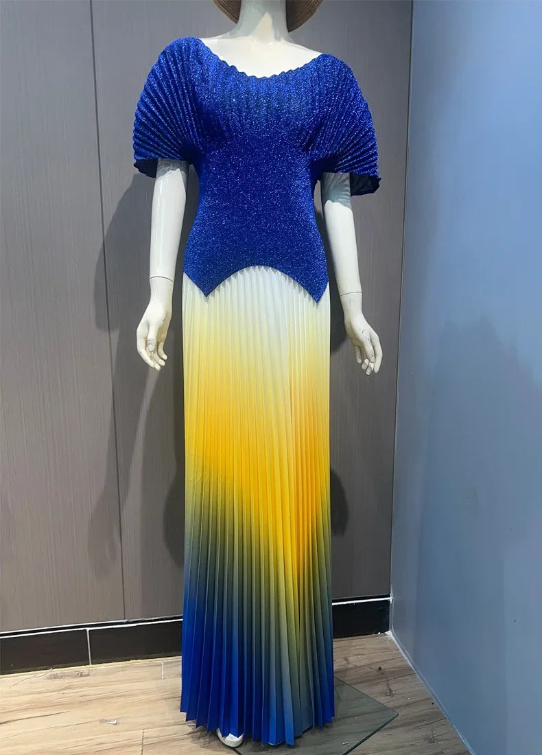 Maxy Pleated 2 Pieces Set Women Fashion V Neck Short Batwing Sleeves Irregular Hem T-shirt&New Gradient A-line Folds Long Skirt