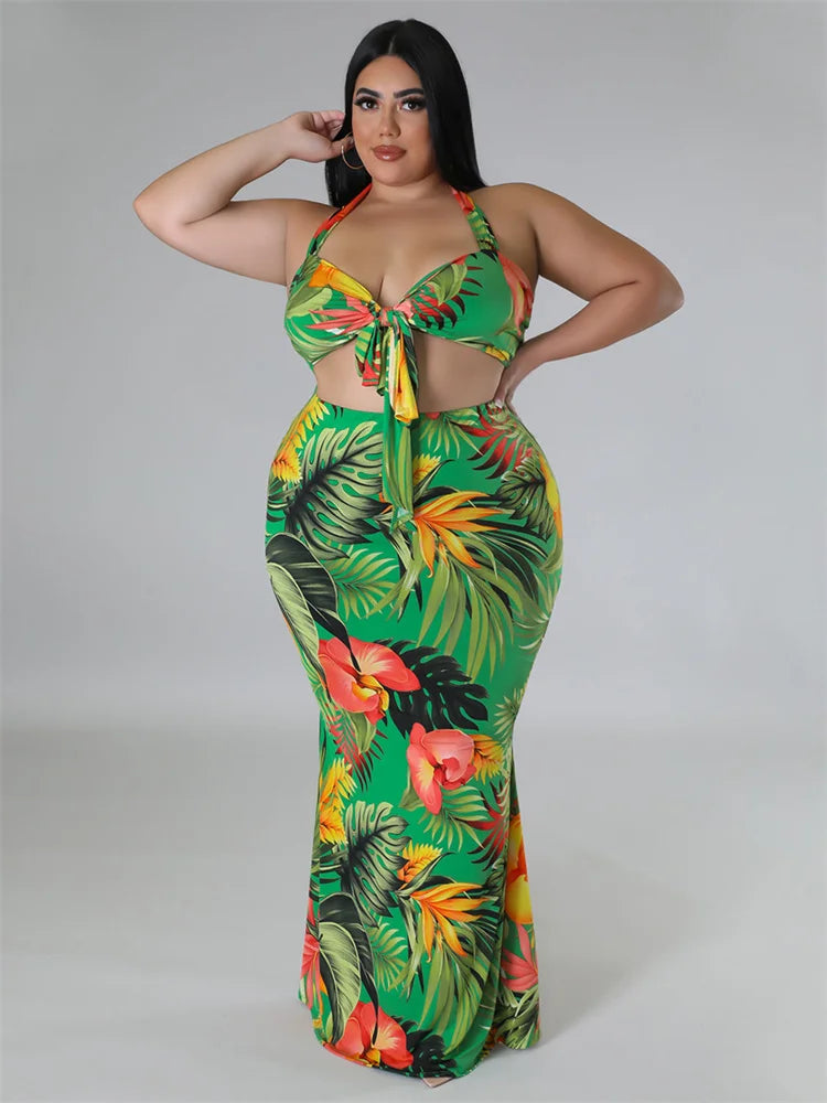 Maxy Plus Size Dress Sets Women Clothing Two Piece Set Bra and Skirts Crop Top Summer Beach Outfits