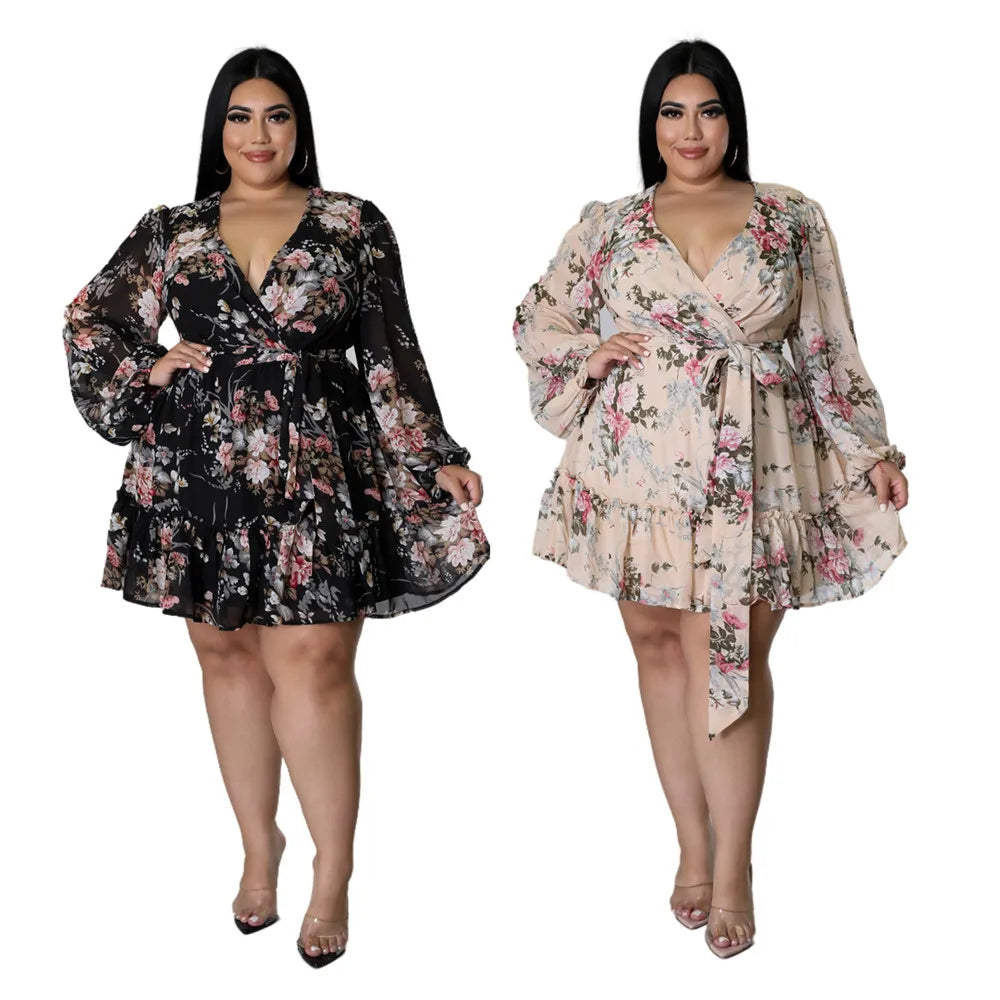 Maxy Dresses Women Plus Size 5xl Sexy Party Flower Print Mini Dress Loose Elegant Casual Outfits