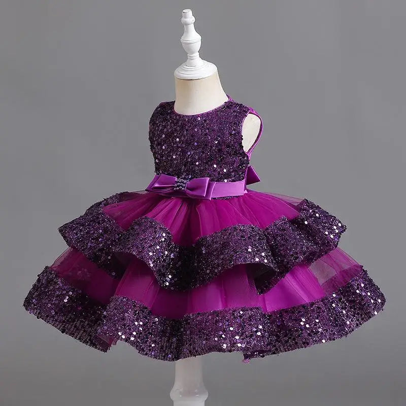 Summer New Beaded Bow Tie Sequin Mesh Children's Sleeveless Evening Dress School Graduation Party Multi Layered Dress