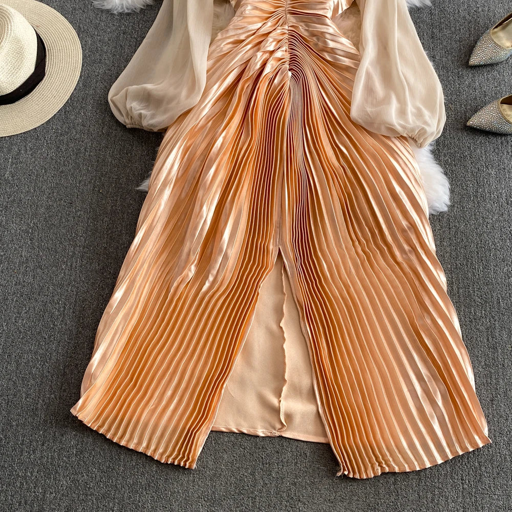Amay Women's Temperament Puff Long Sleeve Hanging Neck Split Metal Pleated Dress Y2k Fashion Tide Spring Summer