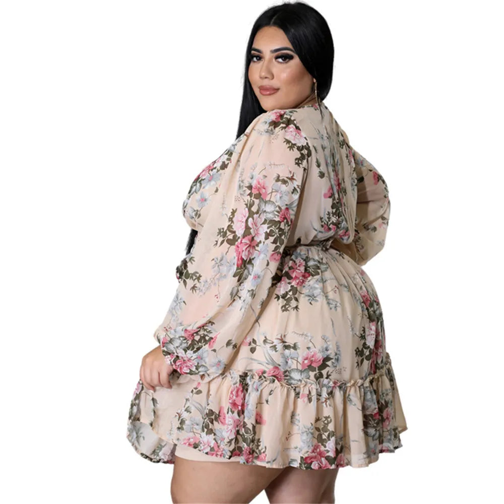 Maxy Dresses Women Plus Size 5xl Sexy Party Flower Print Mini Dress Loose Elegant Casual Outfits