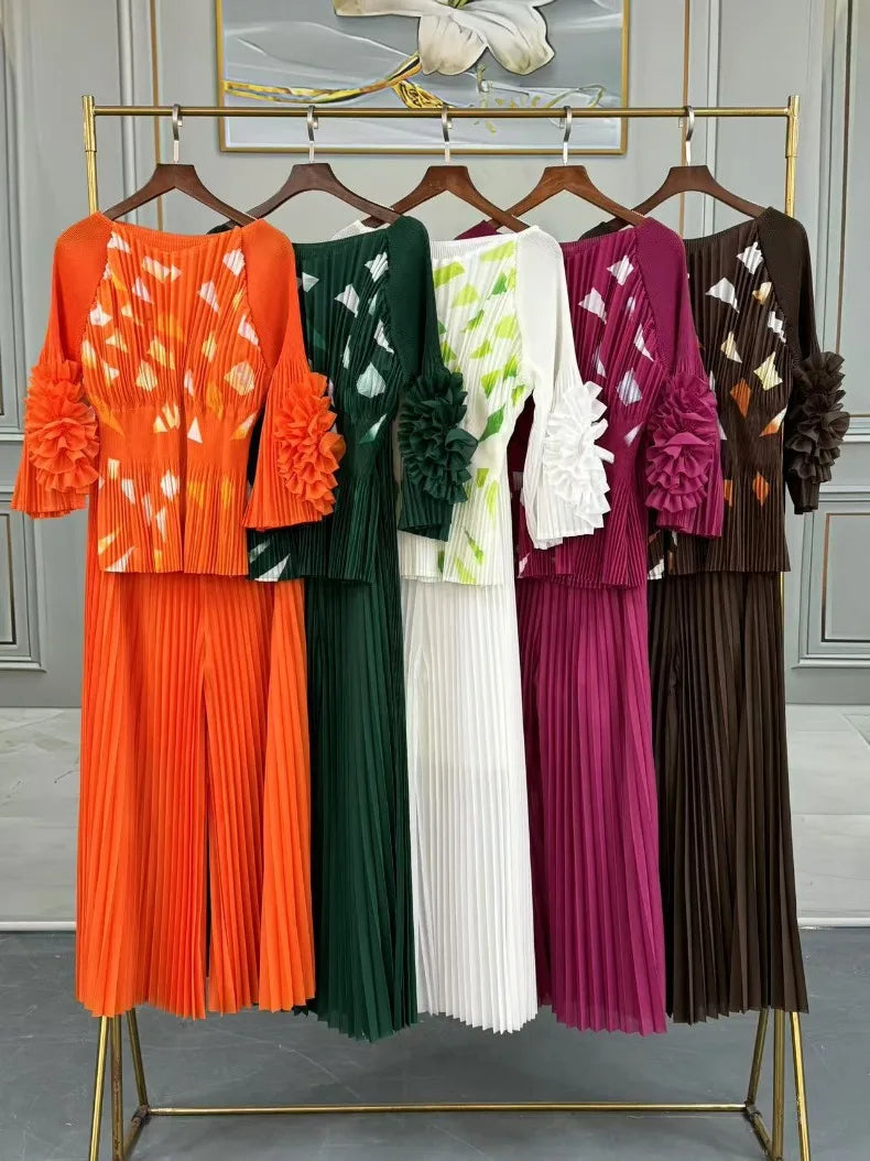 Maxy Pleated Print Pants Set Women O-Neck 3D Flowers T Shirt + Wide Leg Trousers Loose New 2025 Female Two Piece Sets