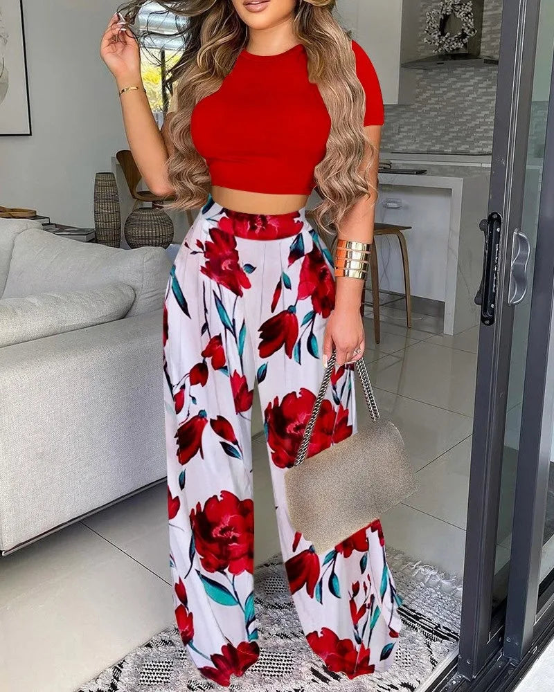 Women Print Pant Sets Two Piece Suit Round Neck Short Sleeve Tops Vests Wide Leg Trousers High Waist Pant Ladies Summer