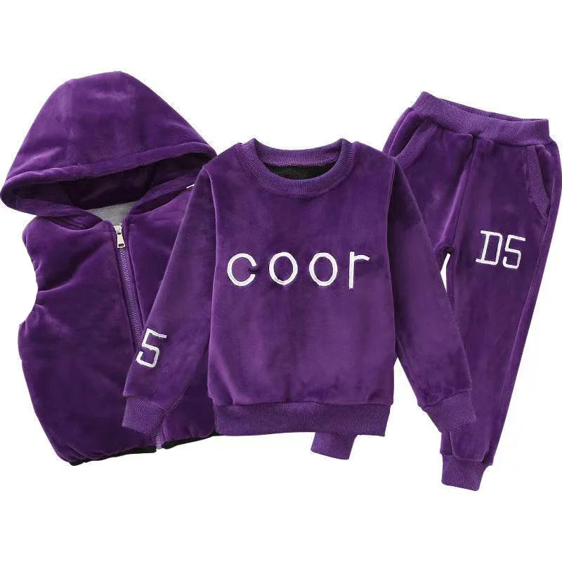 Winter Girls Warm Coral Fleece Alphabet Zip Waistcoat+Sweatshirt+Pant Sets School Kids 3PCS Tracksuit Child Work Outfit 5-14 Yrs