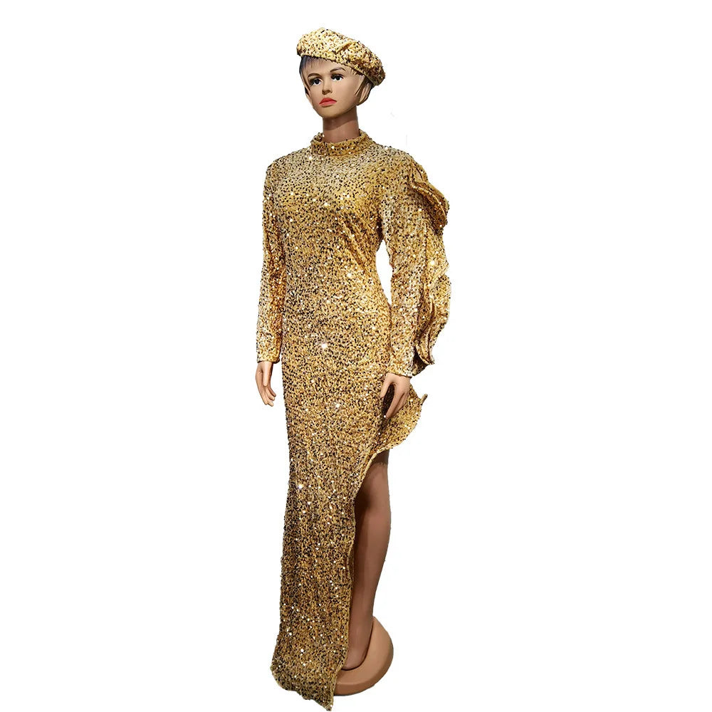 Macy Luxury African Evening Dresses for Women Gold Color Sequin Wedding Party Gown Dashiki Ankara Formal Dress Africa Clothing Kaftan