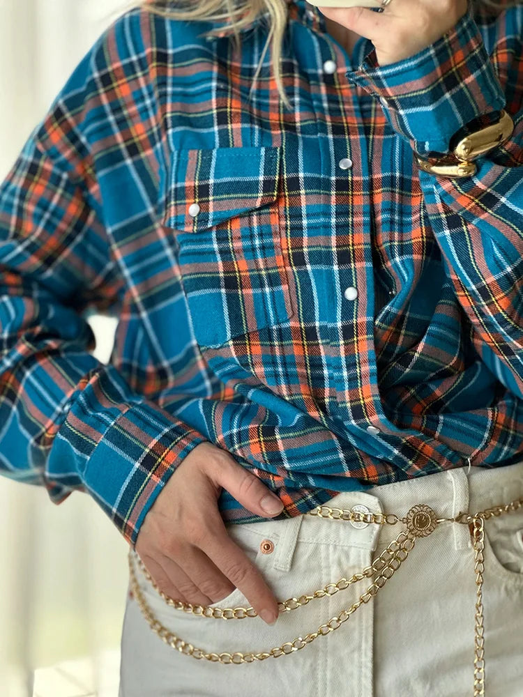 Maxy Green Vintage Plaid Shirt Women Oversize Top Long Sleeves Autumn Winter Loose Women's Shirt And Blouses Oversized
