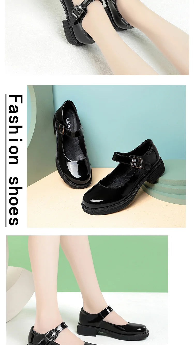 Maxy 3.5cm Breathable Shallow Mouth Bright Leather Shoes Women Mary Janes 2025 Fall Med Square Heels Sheos Black for Office Mom