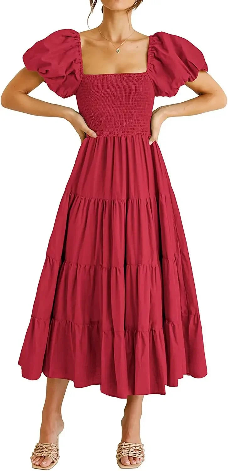 Maxy Dress Women Clothing Ruffles Ruched A-Line Frock Square Neck Short Sleeve Dress Vacation Streetwear Outfits Summer