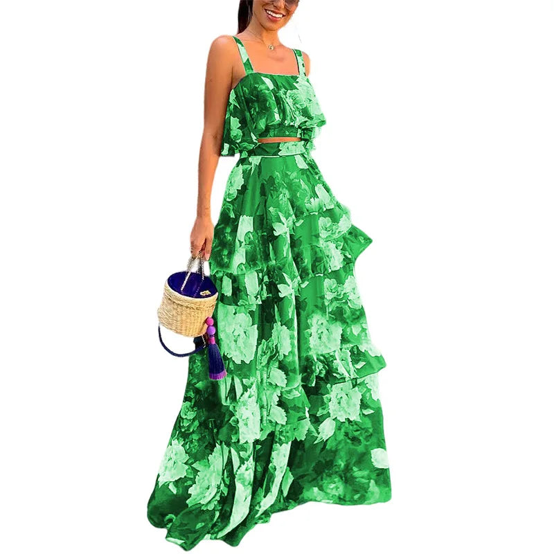 Maxy 2 Piece Set Women Stylish Floral Elegant Printed Sleeveless Short Top+Loose High Waist Pleated Long Skirt Sets