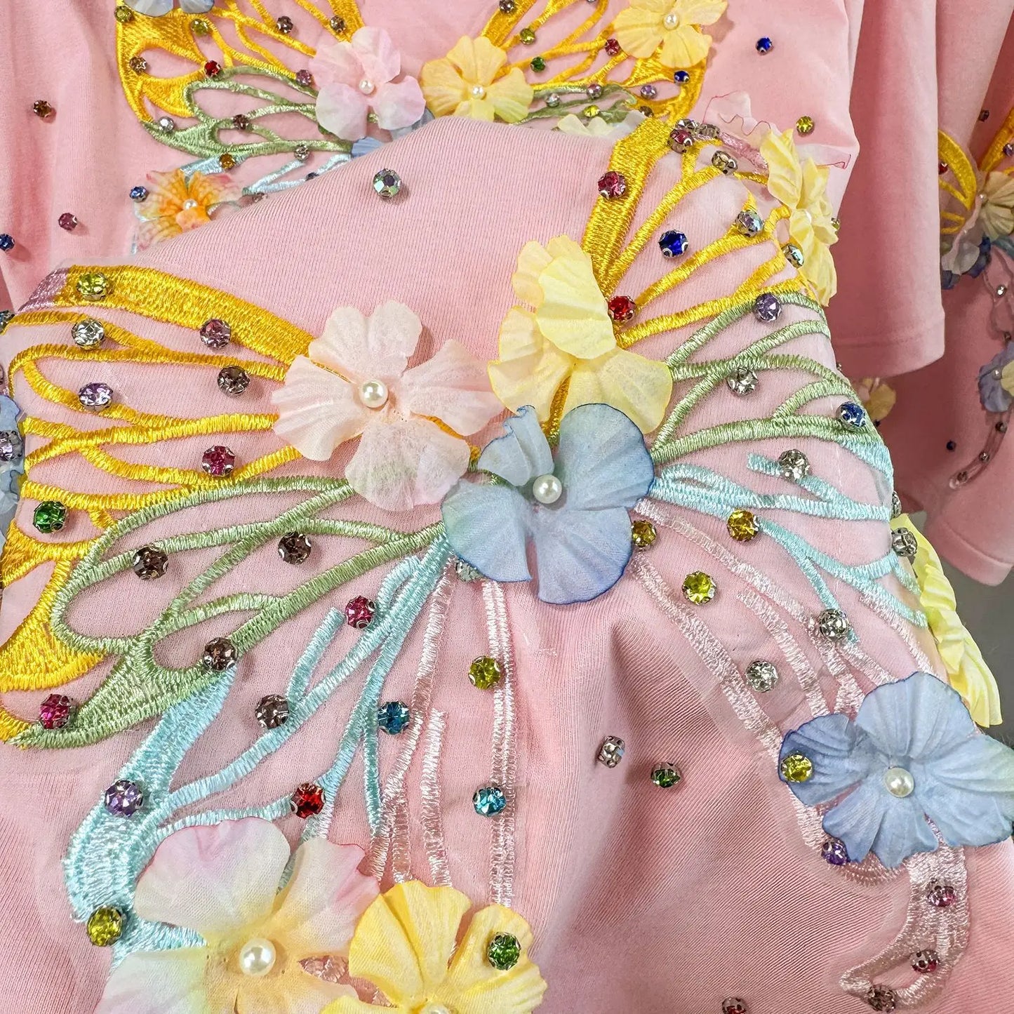 Maxy Fashion Butterfly Floral Beading Women's Set T-shirt and Shorts 2025 Summer Active Two 2 Piece Sets Outfit Tracksuit