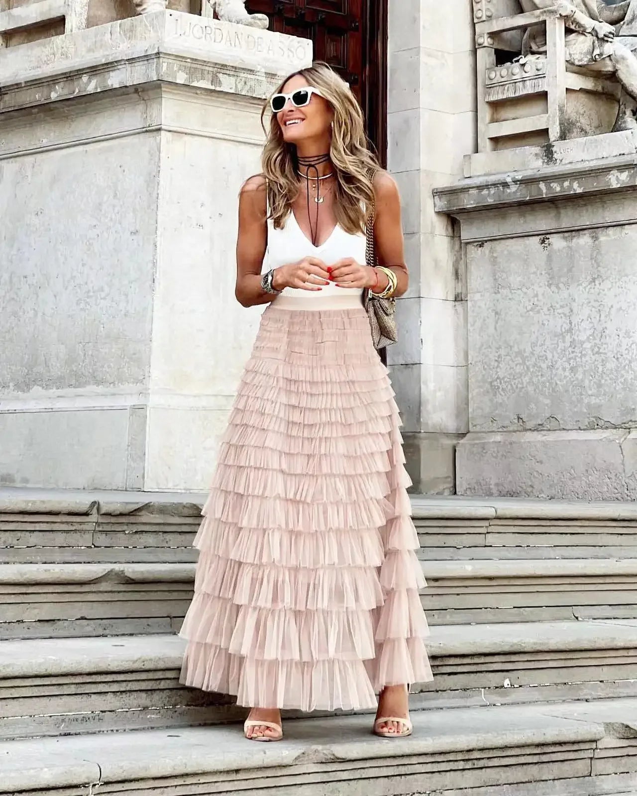 Maxy New Casual Women's Solid Ball Gown Long Skirt Tulle High Waist Pleated Elegant Ladies Wild Mesh Dating Skirts Drop