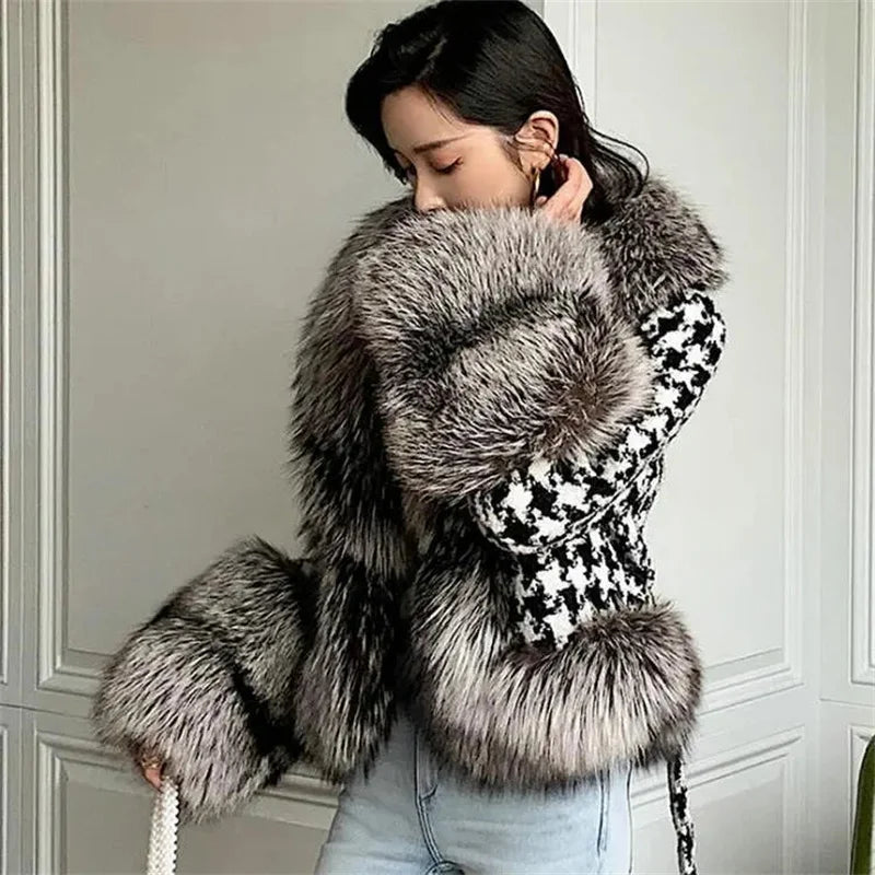 Babs Fox Fur Grass Coat Women Short Thousand Bird Grid Double Faced Fleece Collar 2024 Small Fragrant Style Imitation Fur Coat Female