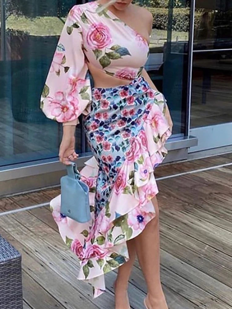 Maxy Floral Print Ruffle Skirt and Top Two Piece Set Elegant Women Summer Skirt Matching Suit Office Lady Chic Trumpet Skirt Outfits