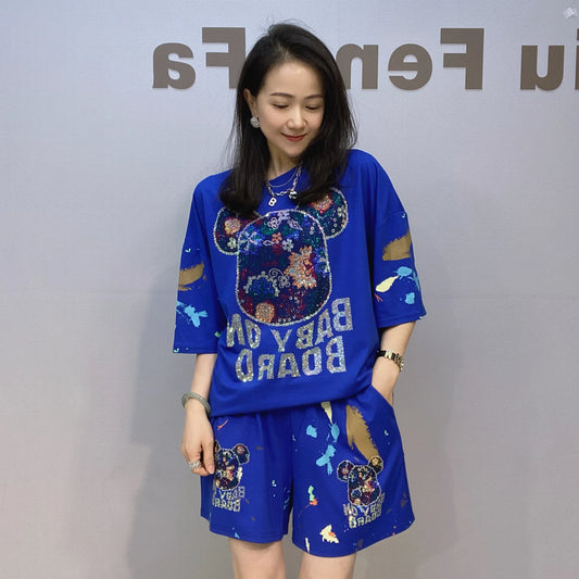 Maxy Two Piece Sets Women's Outfits Bear Cartoon Diamonds Summer Clothing Casual Tracksuit Short Sleeve Sports Suit Костюм Женский