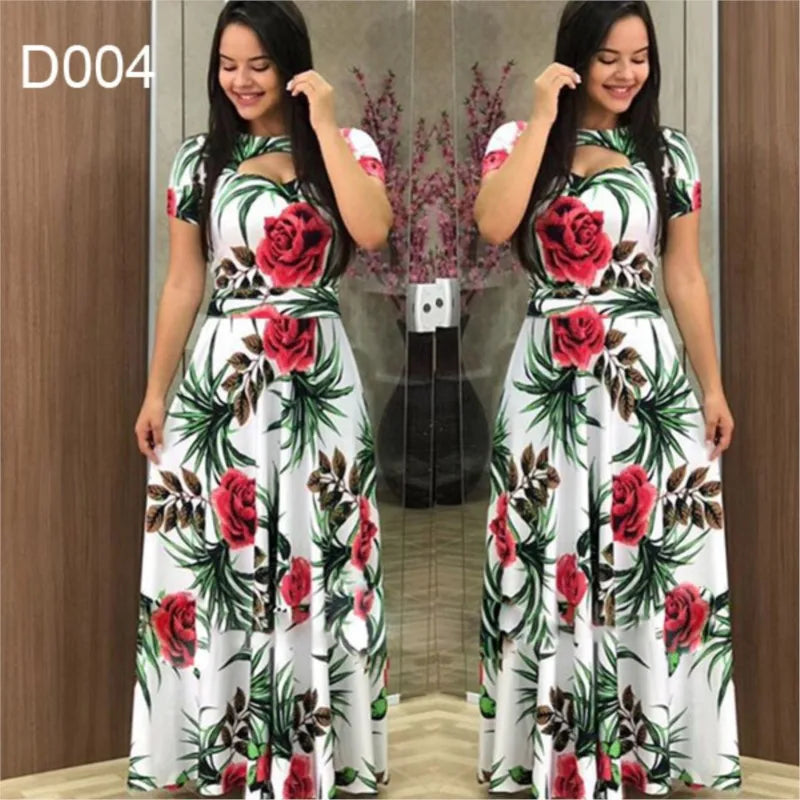 Babs Elegant Spring Women's Dress Casual Fashion Floral Print Short Sleeve Super Long Dress New Fashion Hollow Out Long Dresses