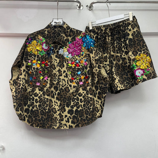 Maxy Leopard Printed Flowers Embroidery Sequined Shirts Rhinestones Blouses Diamonds Beaded Cardigan Tops + Elastic Shorts 2Pcs Set