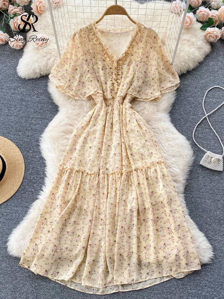 Maxy Ruffled Women Summer Long Dress 2024 Elastic Waist V Neck Vacation Chic Elegant Ladies A Line Slim Beach Dresses