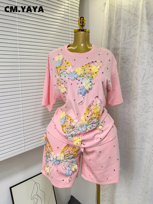 Maxy Fashion Butterfly Floral Beading Women's Set T-shirt and Shorts 2025 Summer Active Two 2 Piece Sets Outfit Tracksuit