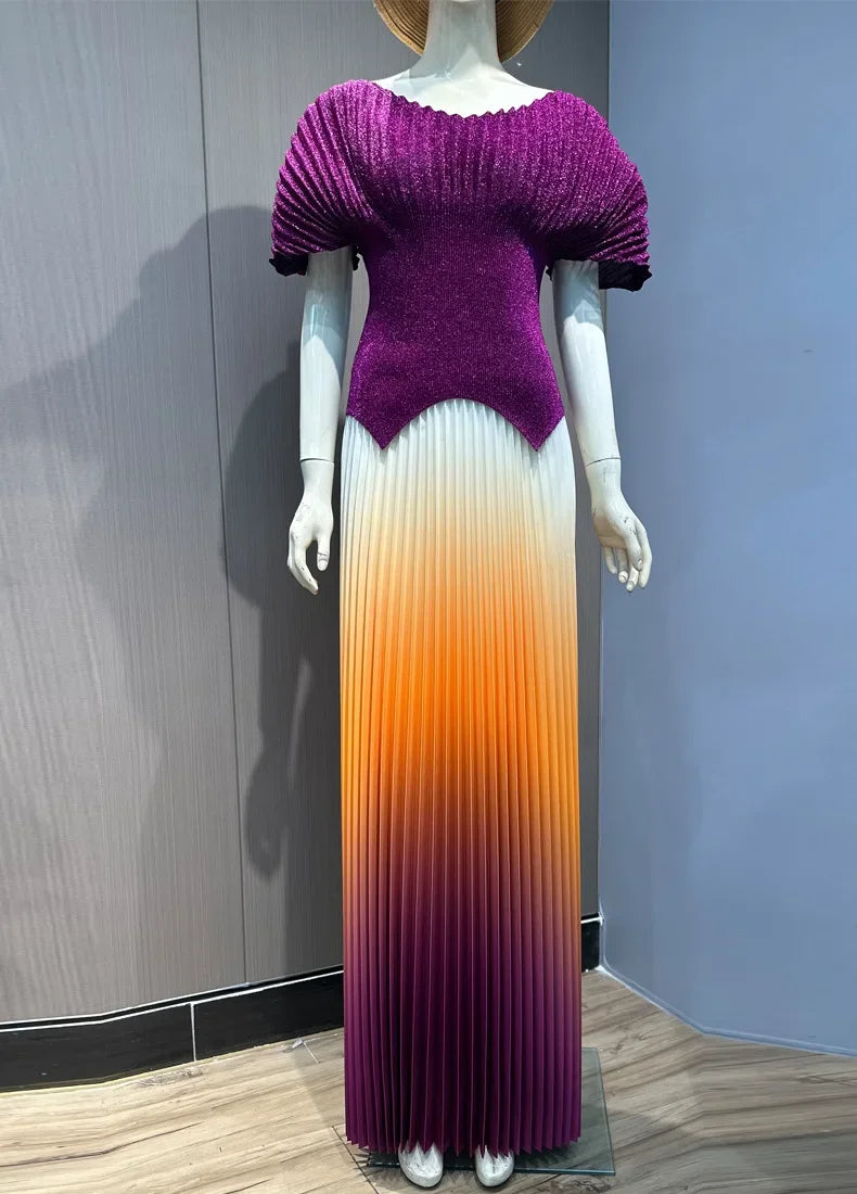 Maxy Pleated 2 Pieces Set Women Fashion V Neck Short Batwing Sleeves Irregular Hem T-shirt&New Gradient A-line Folds Long Skirt