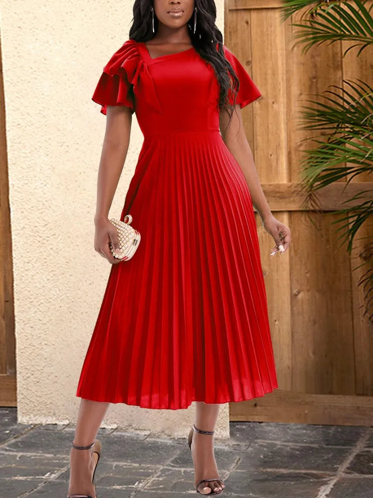 Maxy American Wear for Women Pleated Dress Elegant Summer Fashion Robe Femme Ruffle Short Sleeve Midi Dress Party American Clothes