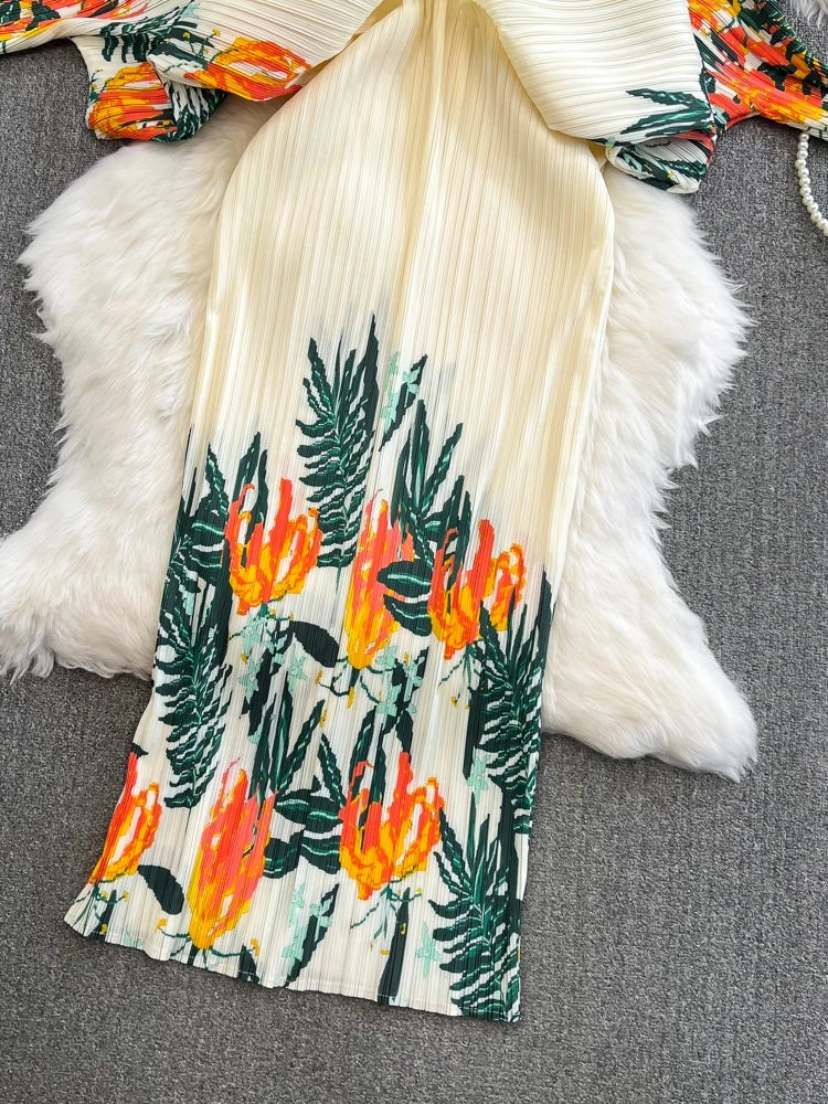 Amay Women High Waist Printing A-line Pleated Dresses V-Neck Long Sleeved Lightweight Spring Summer SM10792
