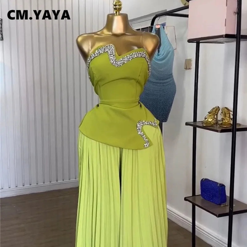 Maxy CM. YAYA Women's Set Diamonds Hot Rhinestones Crop Top and Pleated Wide Leg Pants Suit 2025 Two 2 Piece Sets Outfits Tracksuit